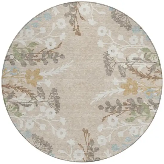 8' Beige Ivory And Blue Round Floral Washable Indoor Outdoor Area Rug Photo 4