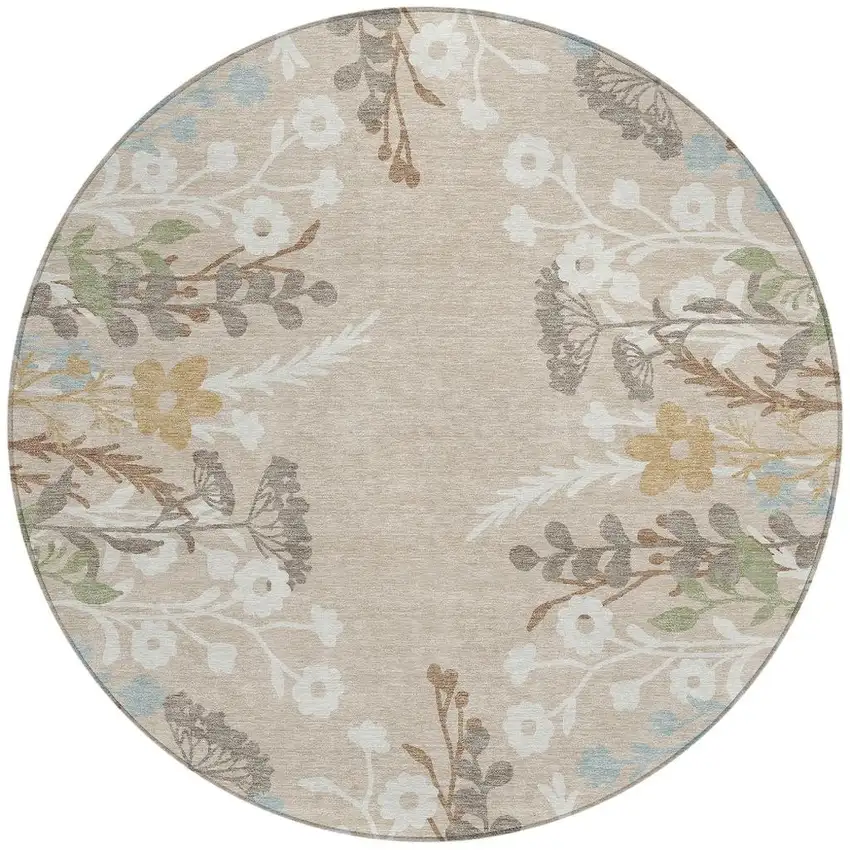 8' Beige Ivory And Blue Round Floral Washable Indoor Outdoor Area Rug Photo 4