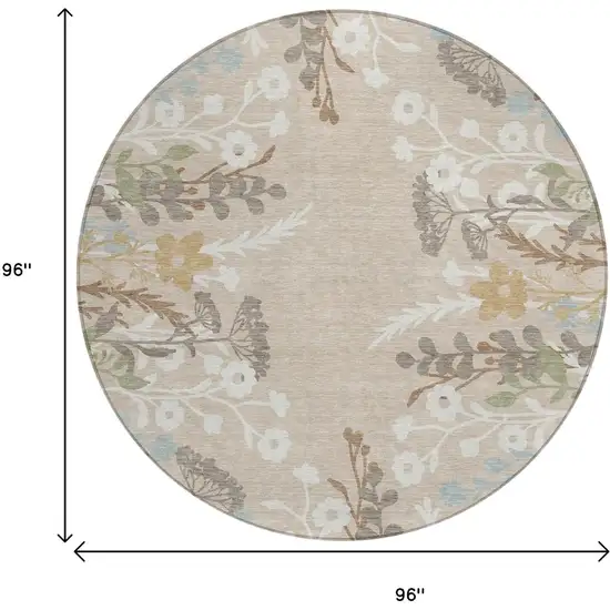 8' Beige Ivory And Blue Round Floral Washable Indoor Outdoor Area Rug Photo 3