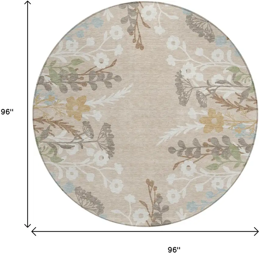 8' Beige Ivory And Blue Round Floral Washable Indoor Outdoor Area Rug Photo 3