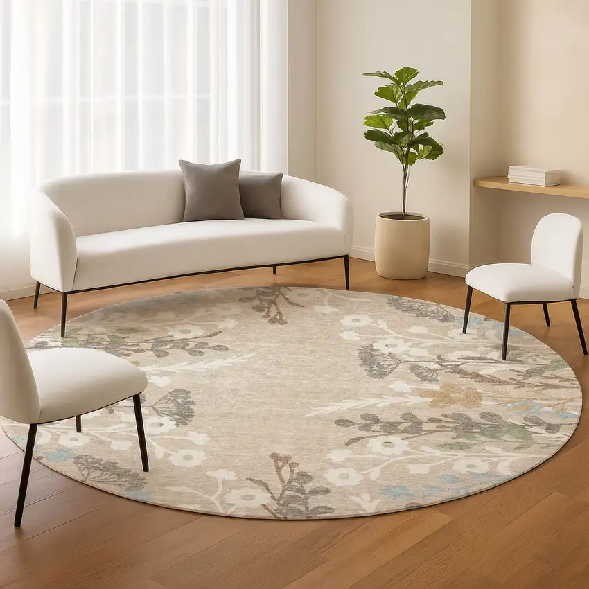 8' Beige Ivory And Blue Round Floral Washable Indoor Outdoor Area Rug Photo 9