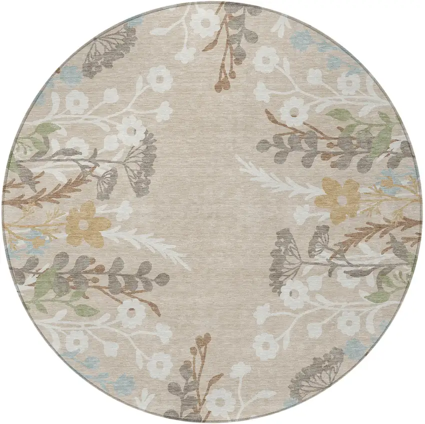 8' Beige Ivory And Blue Round Floral Washable Indoor Outdoor Area Rug Photo 5