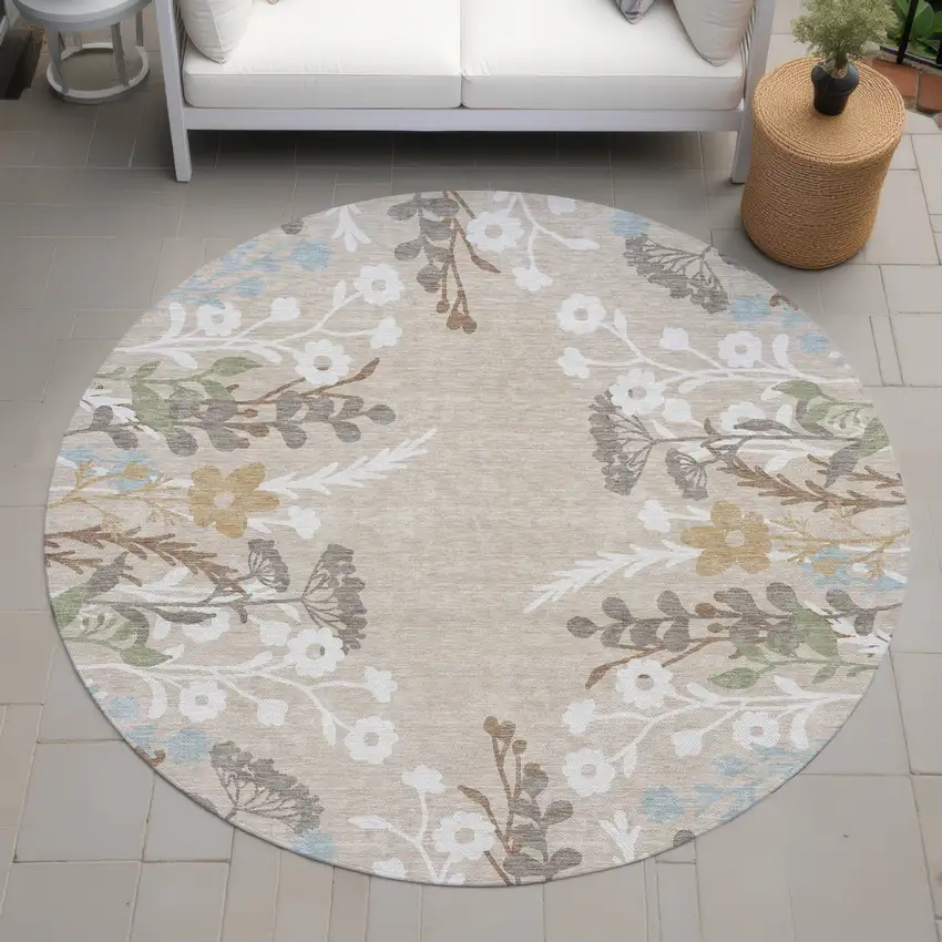 8' Beige Ivory And Blue Round Floral Washable Indoor Outdoor Area Rug Photo 8