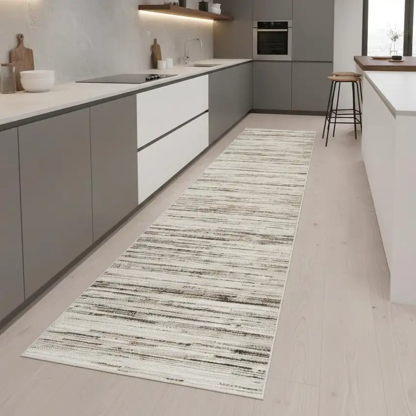 8' Beige Ivory And Brown Abstract Distressed Runner Rug Photo 1