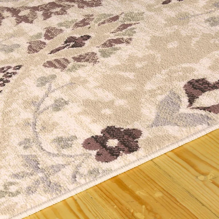 10' Beige Ivory And Brown Floral Stain Resistant Runner Rug Photo 3