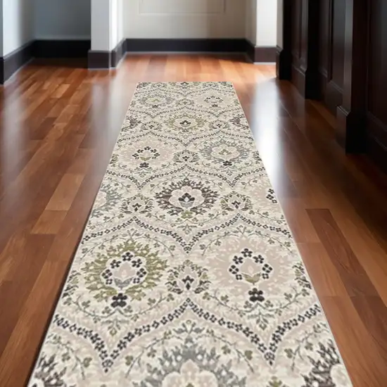 10' Black Ivory And Gray Floral Runner Rug Photo 1