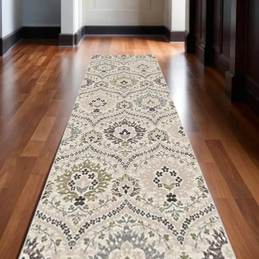 10' Black Ivory And Gray Floral Runner Rug Photo 1