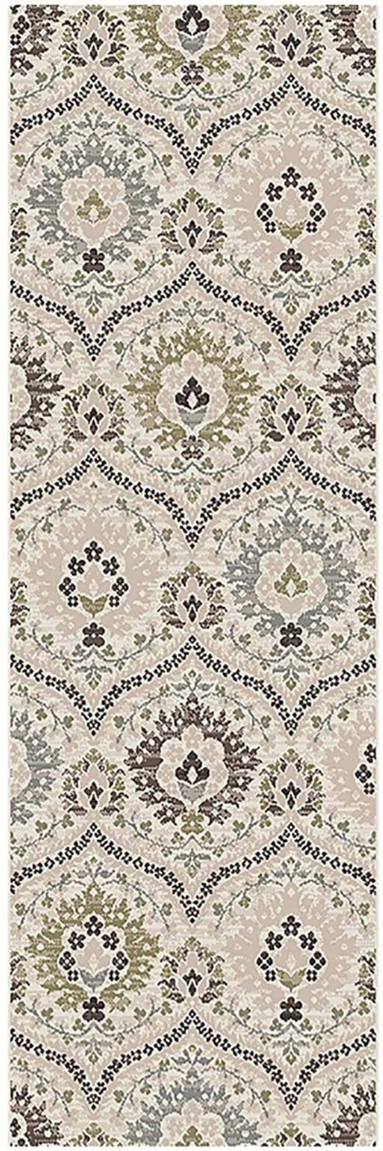 10' Beige Ivory And Brown Floral Stain Resistant Runner Rug Photo 1