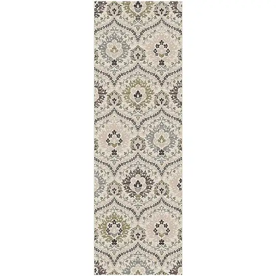 10' Beige Ivory And Brown Floral Stain Resistant Runner Rug Photo 1