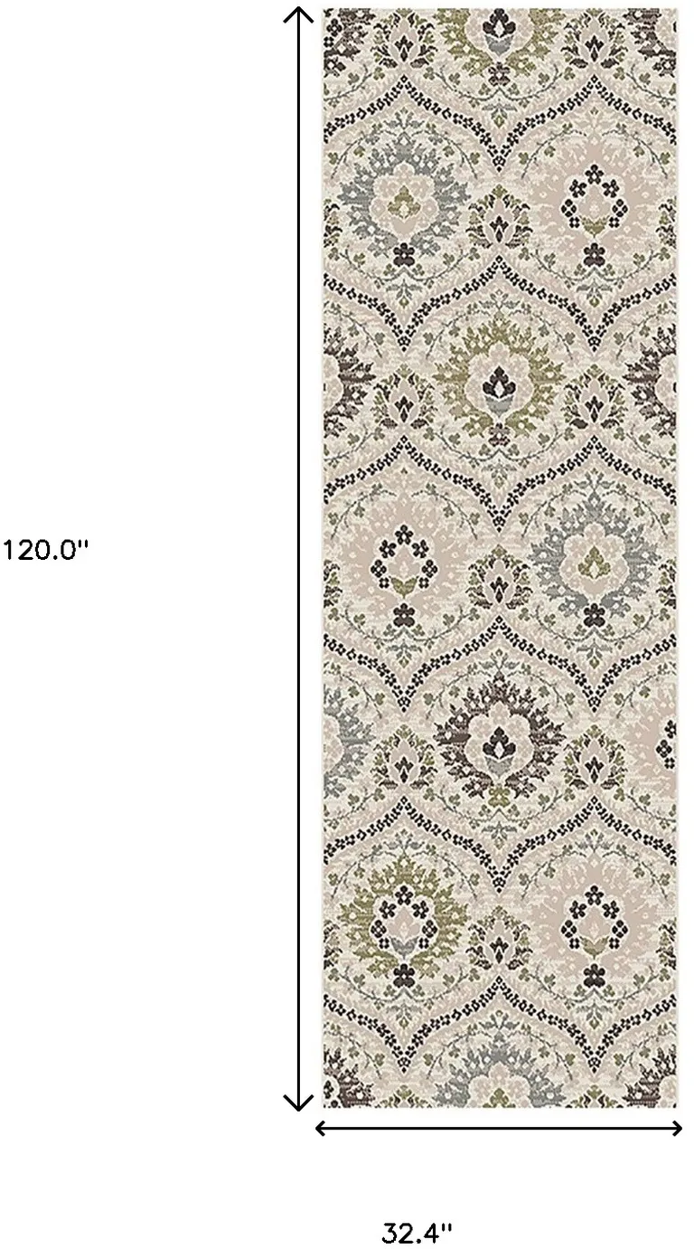 10' Beige Ivory And Brown Floral Stain Resistant Runner Rug Photo 5