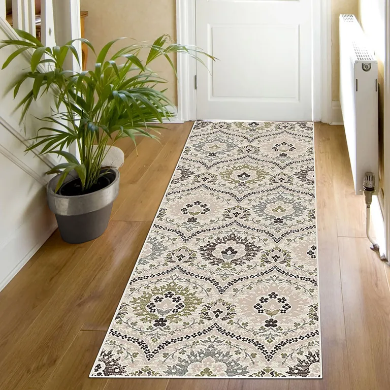 10' Beige Ivory And Brown Floral Stain Resistant Runner Rug Photo 2
