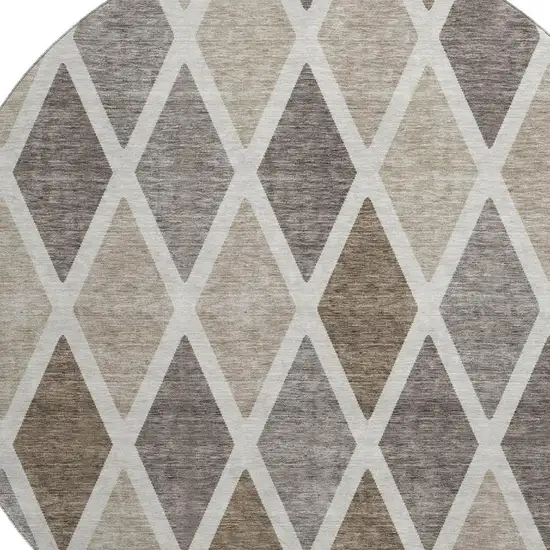 8' Beige Ivory And Brown Geometric Washable Round Rug With UV Protection Photo 3