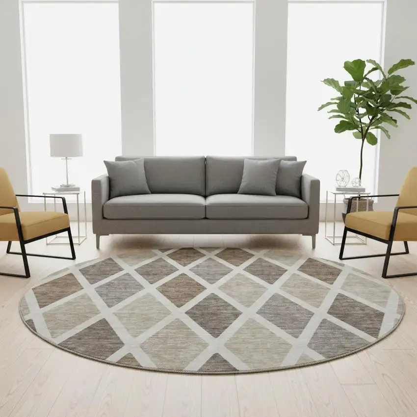 8' Beige Ivory And Brown Geometric Washable Round Rug With UV Protection Photo 2