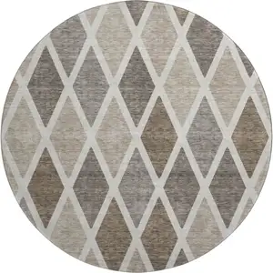 Photo of 8' Beige Ivory And Brown Geometric Washable Round Rug With UV Protection