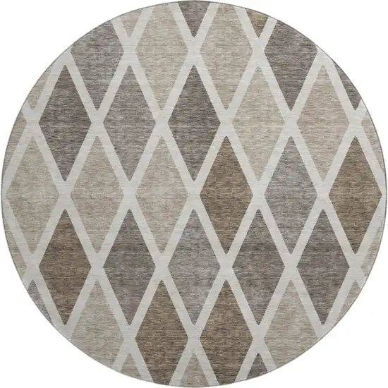 8' Beige Ivory And Brown Geometric Washable Round Rug With UV Protection Photo 1