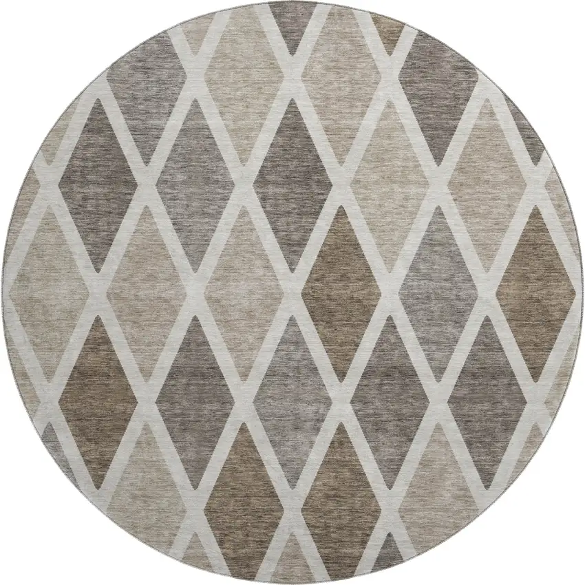 8' Beige Ivory And Brown Geometric Washable Round Rug With UV Protection Photo 1