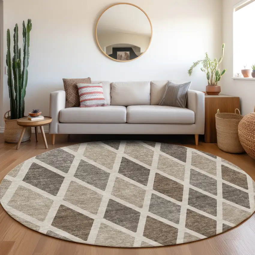 8' Beige Ivory And Brown Geometric Washable Round Rug With UV Protection Photo 5