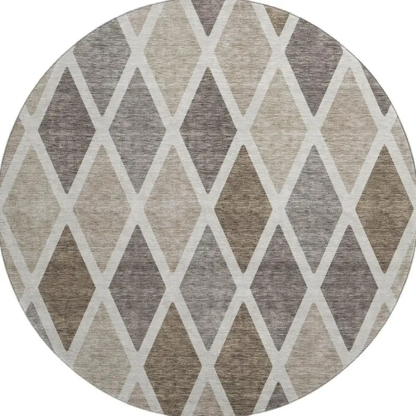8' Beige Ivory And Brown Geometric Washable Round Rug With UV Protection Photo 4