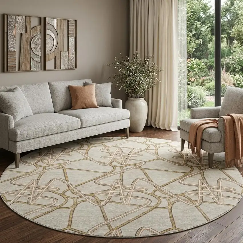 8' Beige Ivory And Brown Geometric Washable Round Rug With UV Protection Photo 1