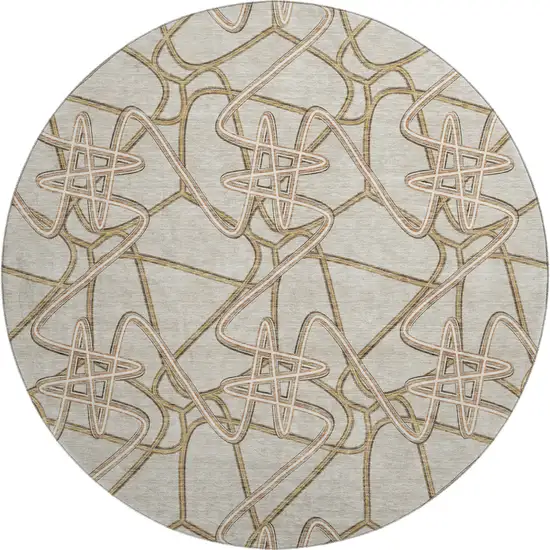 8' Beige Ivory And Brown Geometric Washable Round Rug With UV Protection Photo 1