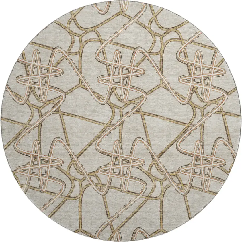 8' Beige Ivory And Brown Geometric Washable Round Rug With UV Protection Photo 1