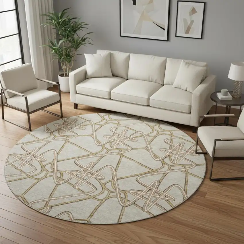 8' Beige Ivory And Brown Geometric Washable Round Rug With UV Protection Photo 2