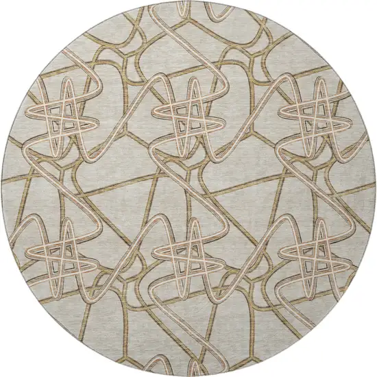 8' Beige Ivory And Brown Geometric Washable Round Rug With UV Protection Photo 2