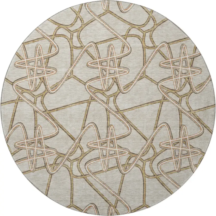8' Beige Ivory And Brown Geometric Washable Round Rug With UV Protection Photo 2