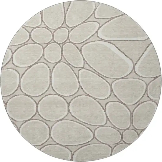 8' Beige Ivory And Brown Geometric Washable Round Rug With UV Protection Photo 3