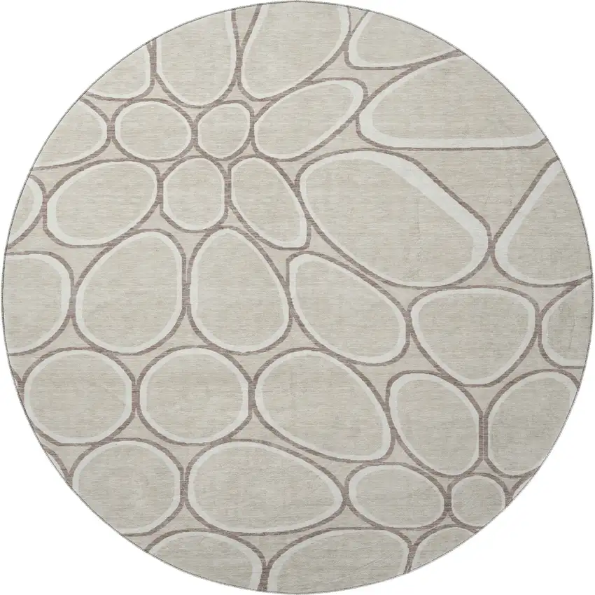 8' Beige Ivory And Brown Geometric Washable Round Rug With UV Protection Photo 3