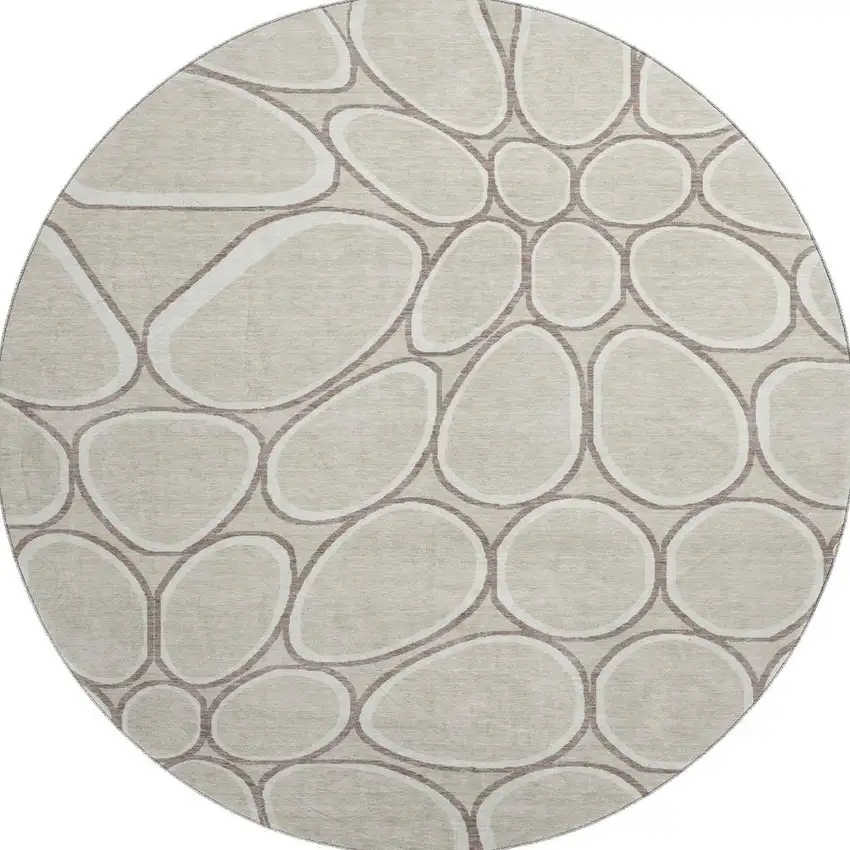 8' Beige Ivory And Brown Geometric Washable Round Rug With UV Protection Photo 2
