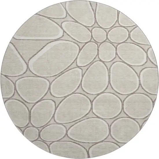 8' Beige Ivory And Brown Geometric Washable Round Rug With UV Protection Photo 1