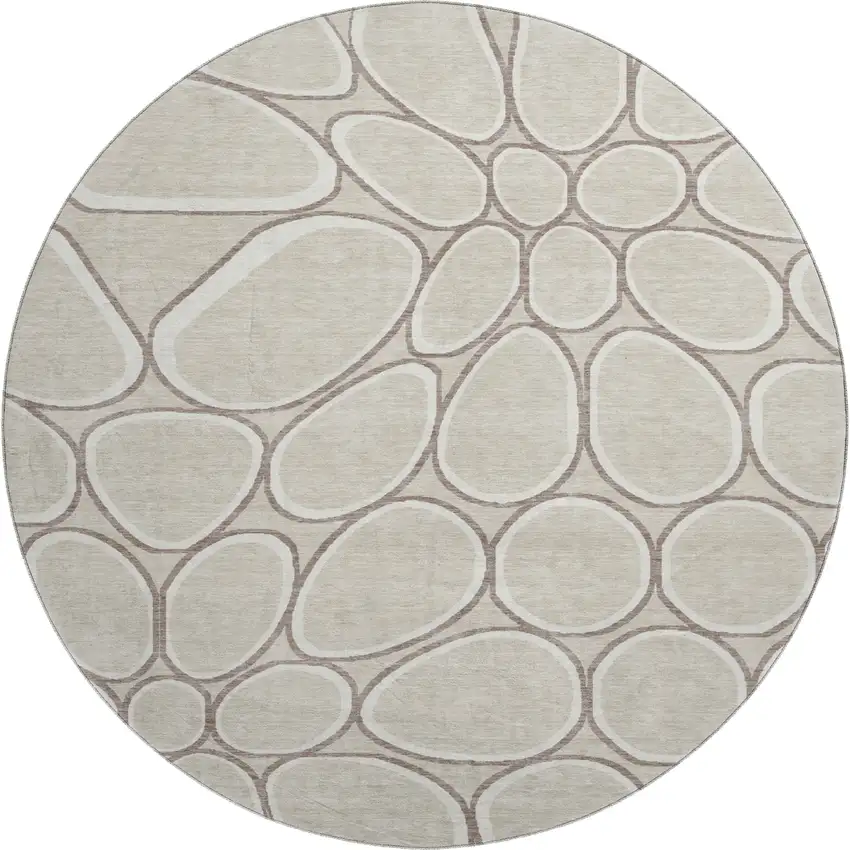 8' Beige Ivory And Brown Geometric Washable Round Rug With UV Protection Photo 1