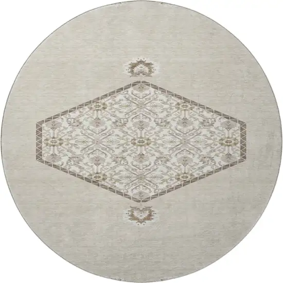 8' Beige Ivory And Brown Oriental Washable Round Rug With UV Protection Photo 2
