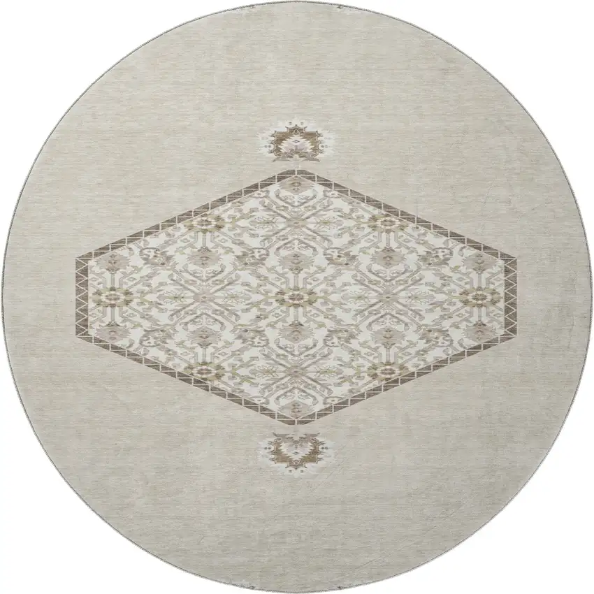 8' Beige Ivory And Brown Oriental Washable Round Rug With UV Protection Photo 2