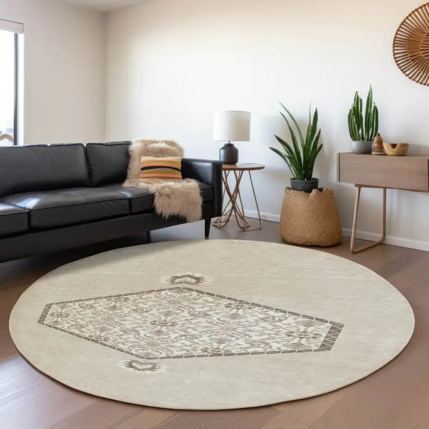 8' Beige Ivory And Brown Oriental Washable Round Rug With UV Protection Photo 3