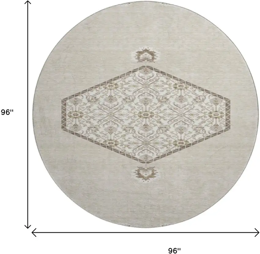8' Beige Ivory And Brown Oriental Washable Round Rug With UV Protection Photo 8