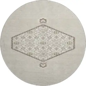 Photo of 8' Beige Ivory And Brown Oriental Washable Round Rug With UV Protection