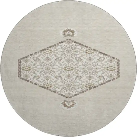 8' Beige Ivory And Brown Oriental Washable Round Rug With UV Protection Photo 1