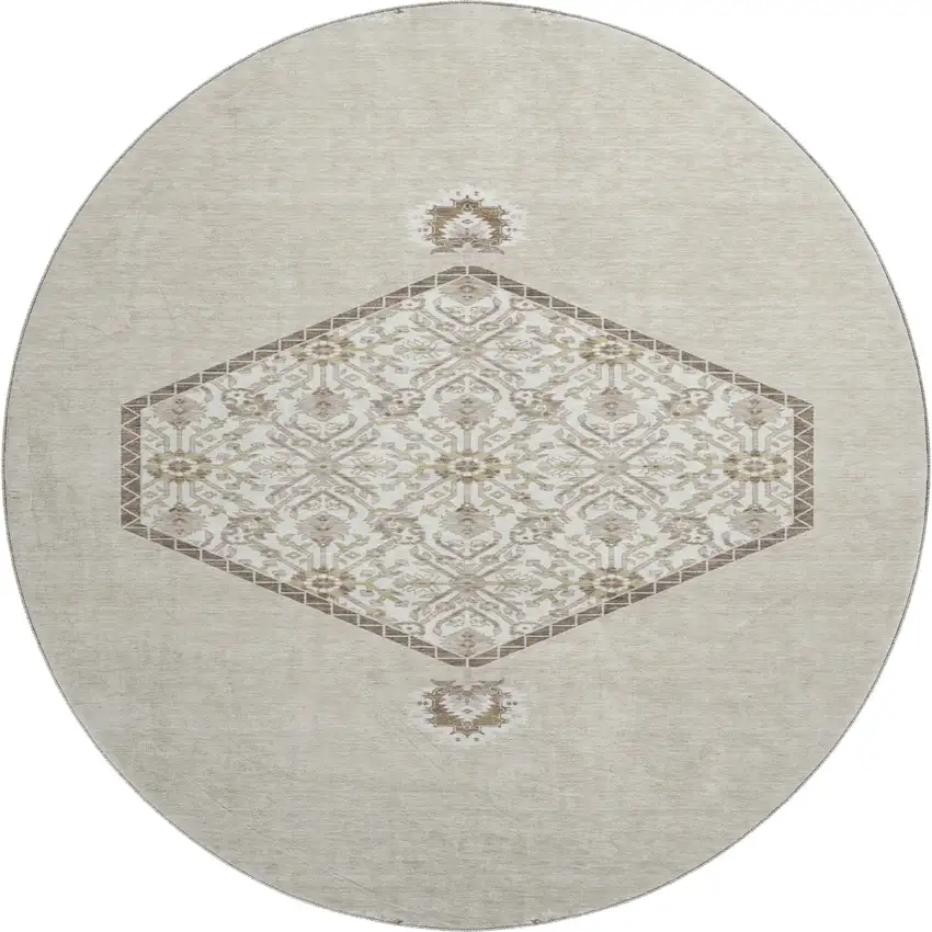 8' Beige Ivory And Brown Oriental Washable Round Rug With UV Protection Photo 1