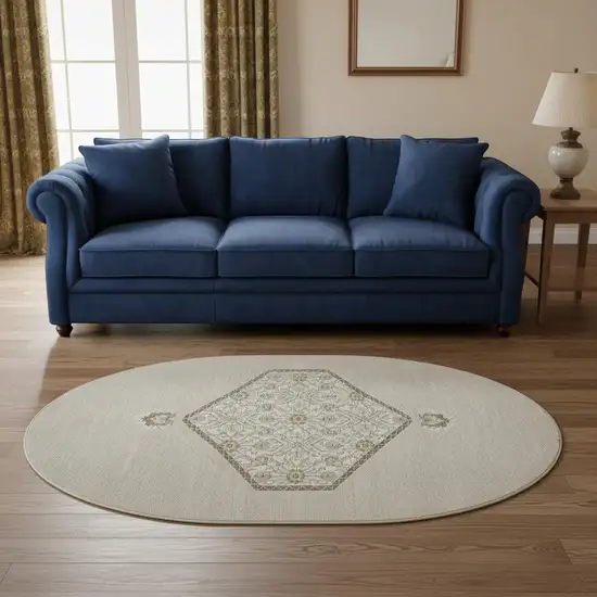 8' Beige Ivory And Brown Oriental Washable Round Rug With UV Protection Photo 2