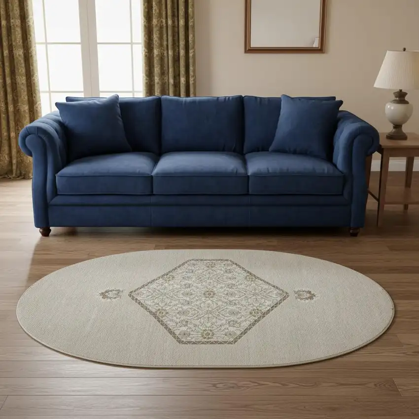 8' Beige Ivory And Brown Oriental Washable Round Rug With UV Protection Photo 2