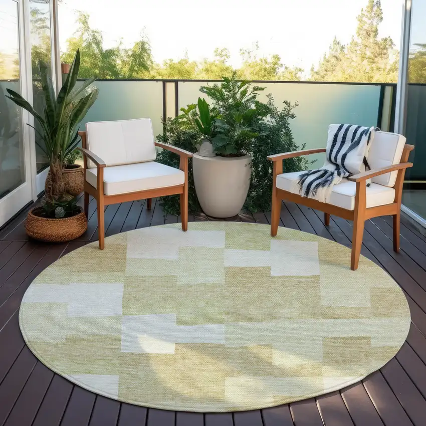 8' Beige Ivory And Brown Round Geometric Washable Indoor Outdoor Area Rug Photo 6