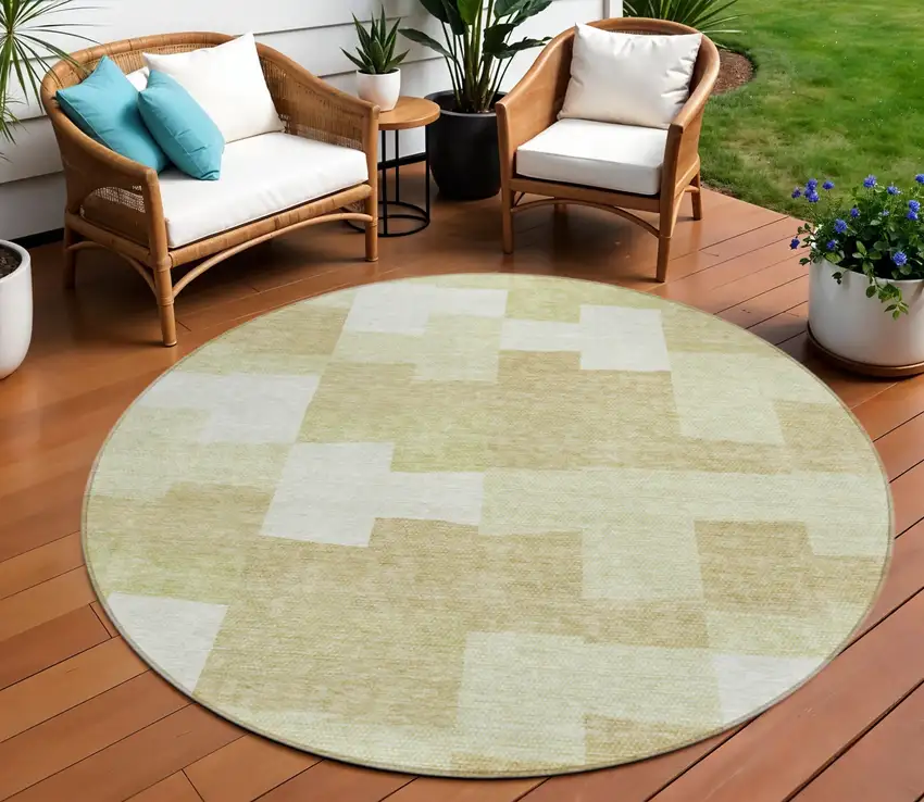 8' Beige Ivory And Brown Round Geometric Washable Indoor Outdoor Area Rug Photo 1