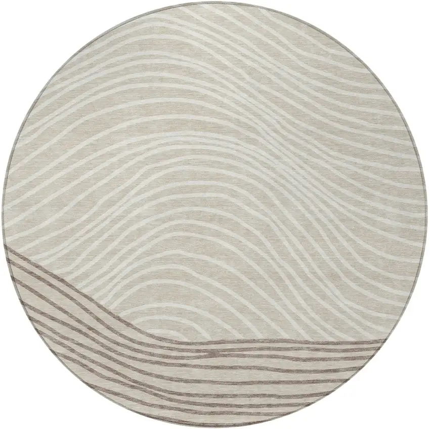 8' Beige Ivory And Brown Round Striped Washable Indoor Outdoor Area Rug Photo 4