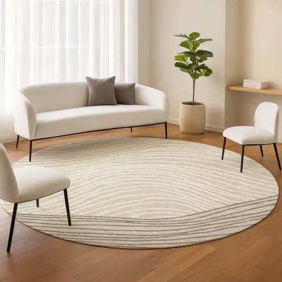 8' Beige Ivory And Brown Round Striped Washable Indoor Outdoor Area Rug Photo 9