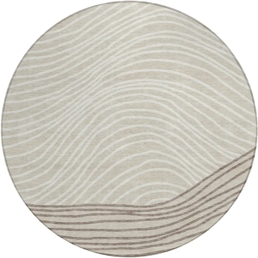 8' Beige Ivory And Brown Round Striped Washable Indoor Outdoor Area Rug Photo 2
