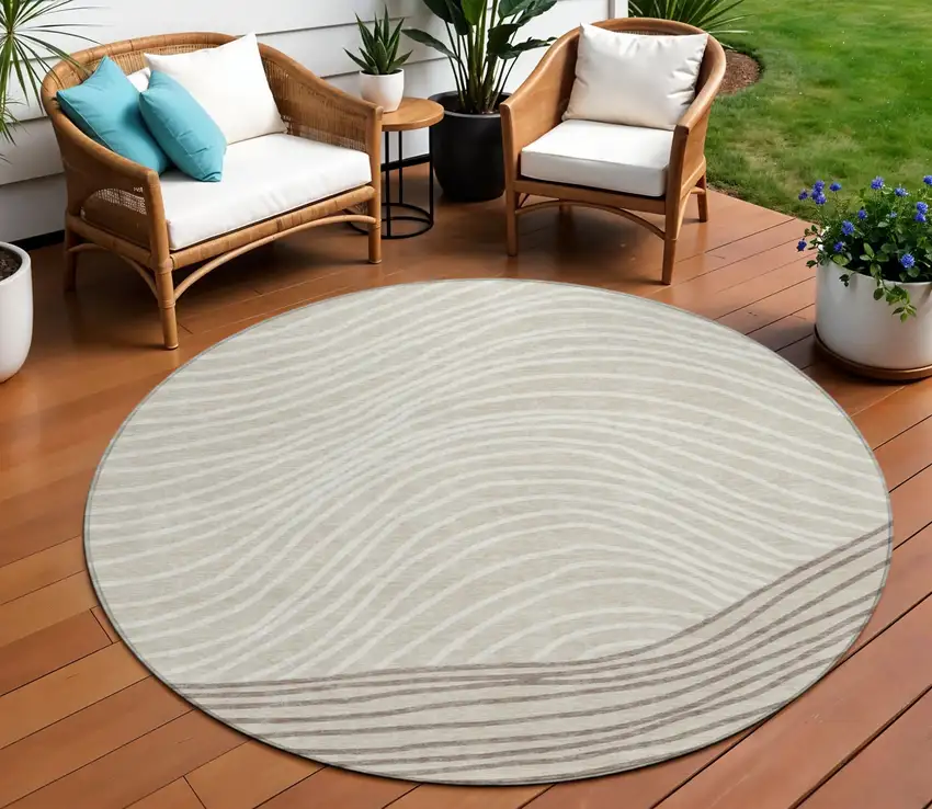 8' Beige Ivory And Brown Round Striped Washable Indoor Outdoor Area Rug Photo 1