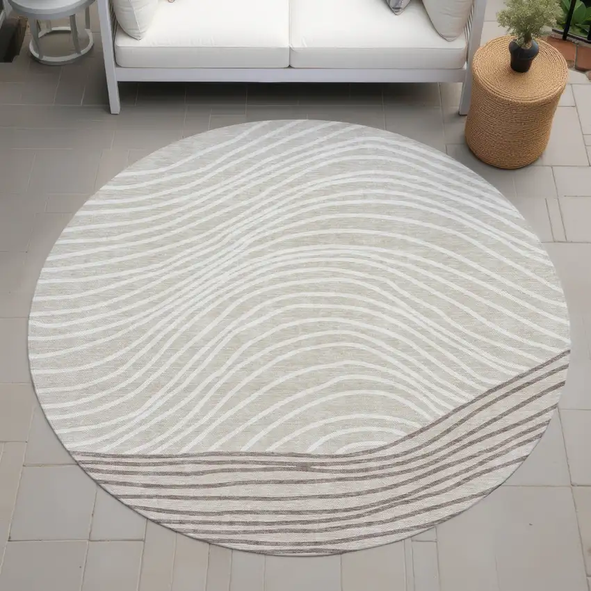 8' Beige Ivory And Brown Round Striped Washable Indoor Outdoor Area Rug Photo 7