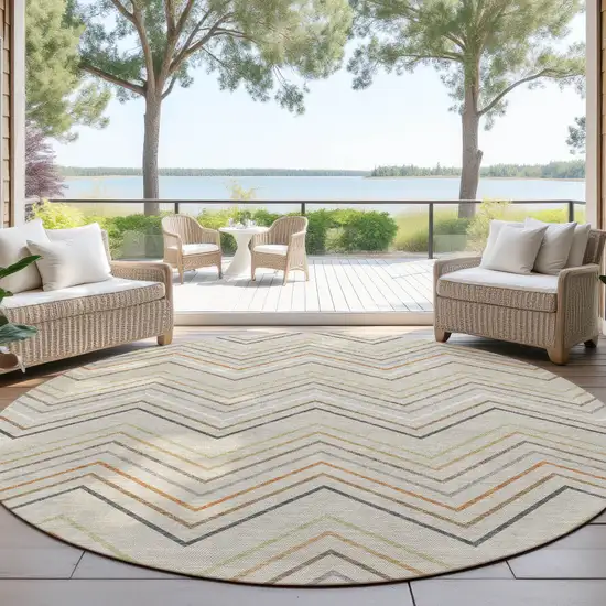 8' Beige Ivory And Brown Round Striped Washable Indoor Outdoor Area Rug Photo 4
